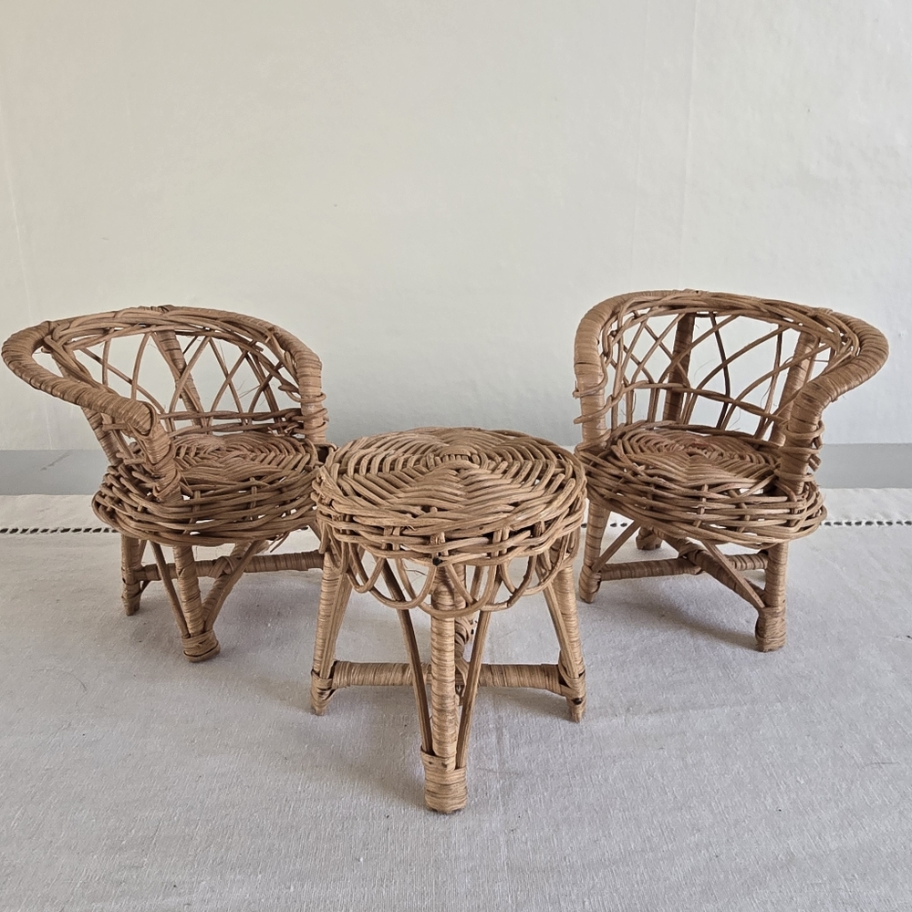 Vintage Three Piece Cute Miniature Rattan Patio Set- Two Chairs And Table
